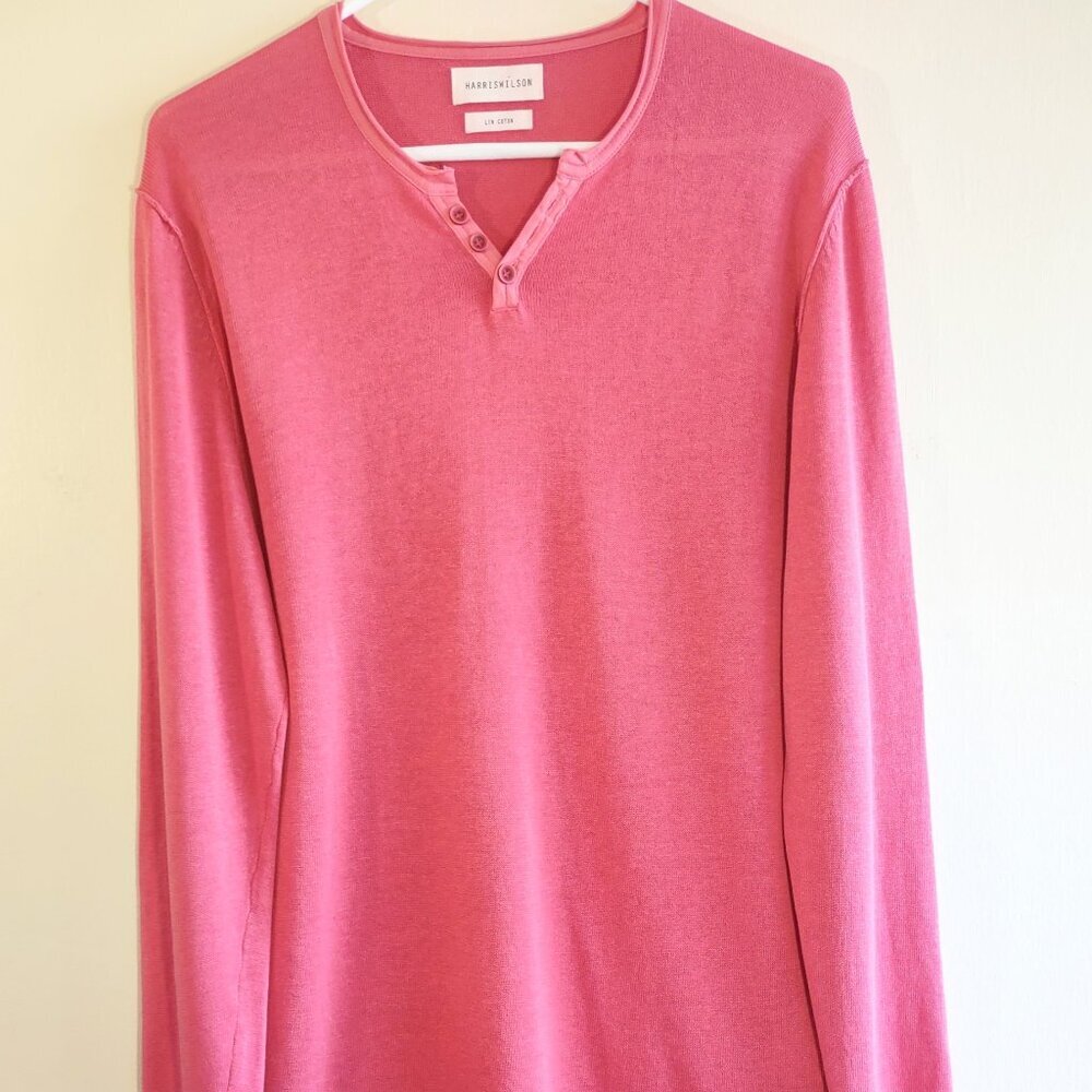 Harris Wilson Men's THEO Linen Henley Shirt  Slim Fit Long Sleeve Size Medium - Picture 2 of 9